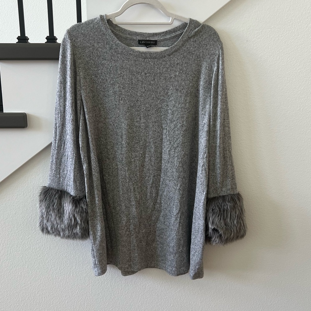Gray Top with Faux Fur Sleeve Cuffs